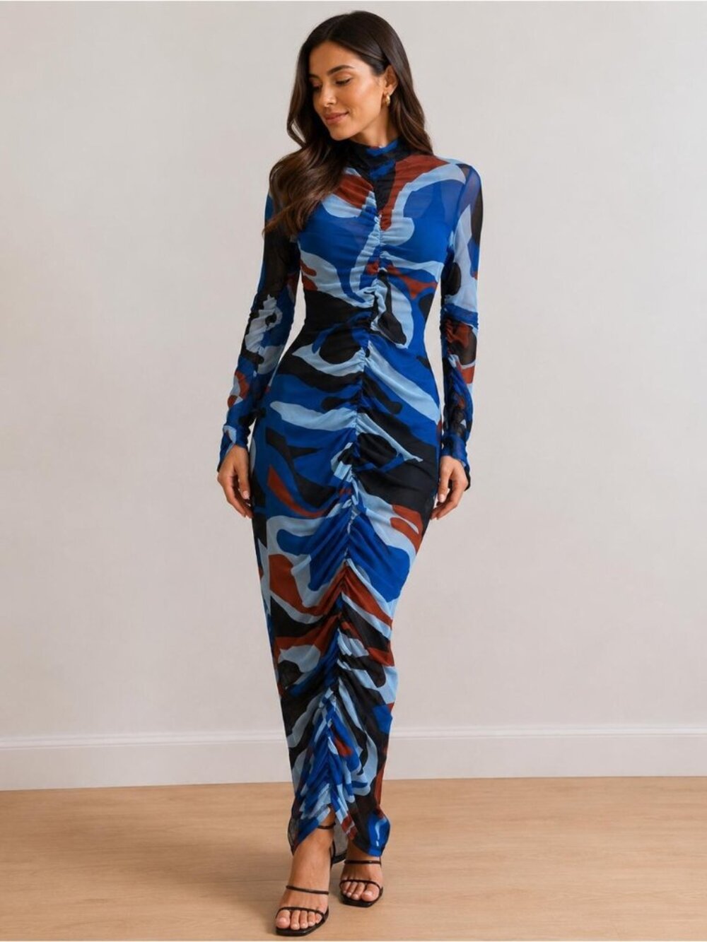 Mesh Ruched Abstract Print Midi Dress Long Sleeve Bodycon XXL NWT